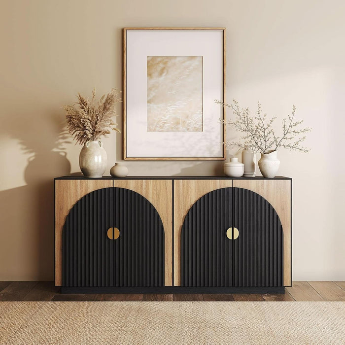 65 Inch Fluted Buffet Cabinet with Storage, Symmetrical Arc Accent Sideboard Large Console Table for Dining Room, Kitchen, and Living Room (Camel)