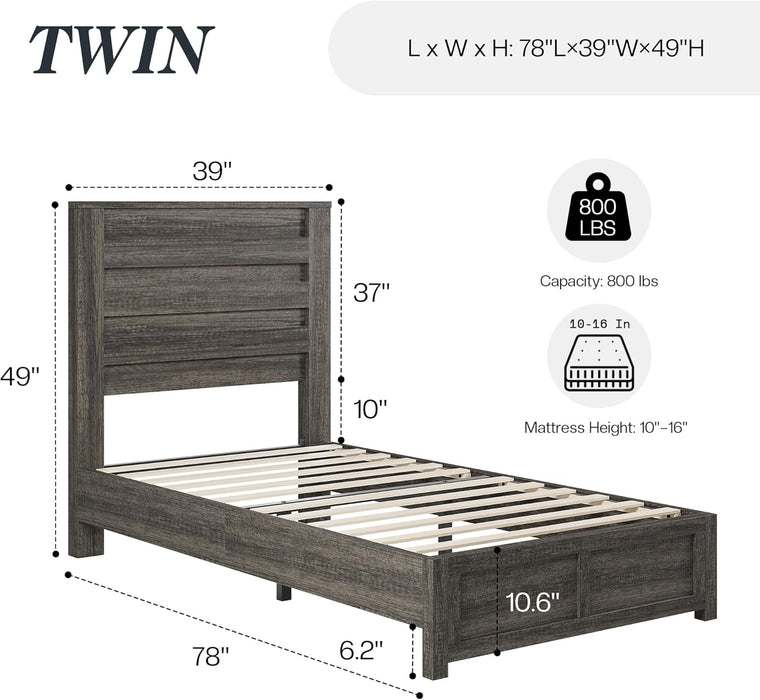 Farmhouse Twin Platform Bed with 49" Fluted Headboard, Wood Bed Frame with Natural Grain Finish, No Box Spring Needed, Noise-Free, Rustic Grey