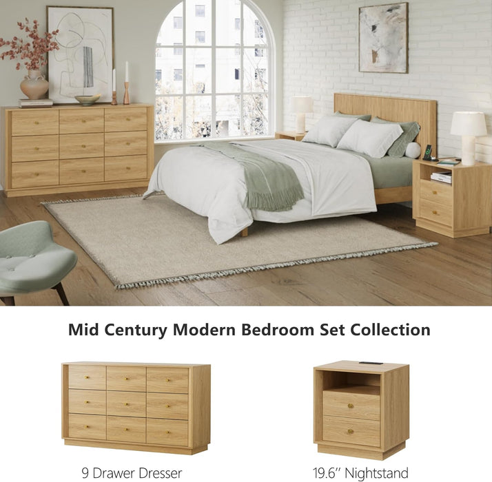 9 Drawer Dresser, Mid Century Modern Dresser with Storage, 55" Wide Chest of Drawers with Wood Grain Texture, Dressers TV Stand for Bedroom, Living Room, Hallway, Gold Oak