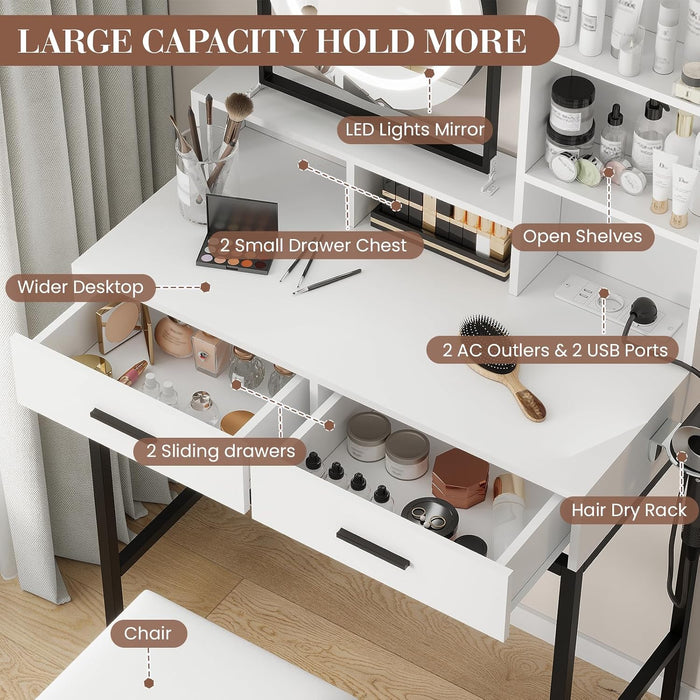 Vanity Desk with Rotating Mirror & Adjustable Light, Makeup Dressing Table with Power Outlet, 2 Drawers & Shelves, Includes Stool for Bedroom, White & Black