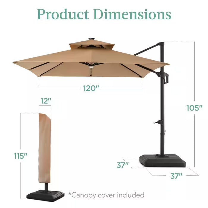 10 Ft. Solar LED 2-Tier Square Cantilever Patio Umbrella with Base Included in Tan