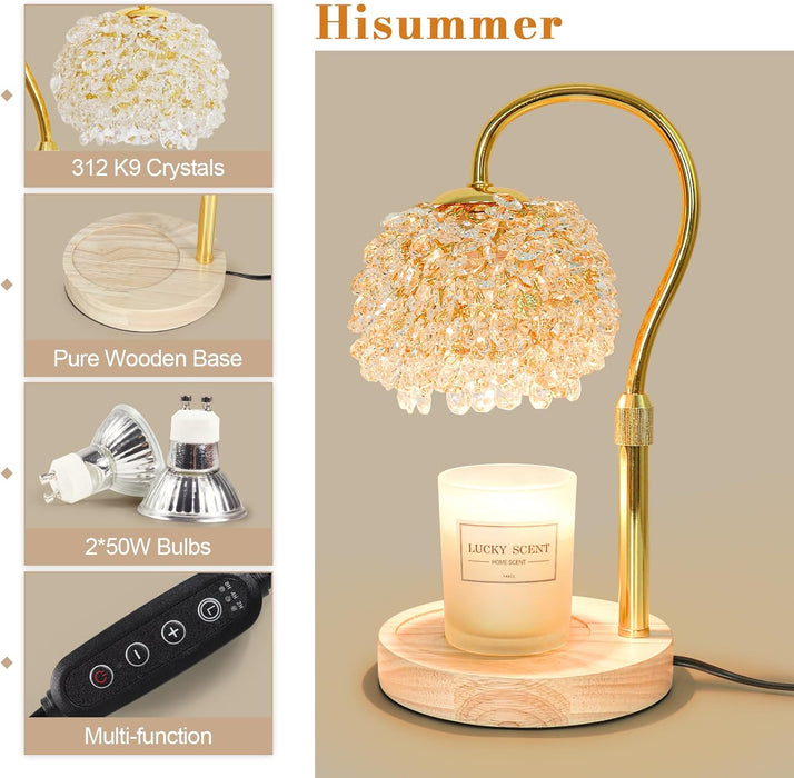 Candle Warmer Lamp with Timer, Dimmable Candle Lamp Warmer with 312 K9 Crystals Adjustable Height Electric Candle Warmer for Women Gifts, Wax Warmer Lamp with 2 Bulbs for Jar Candles