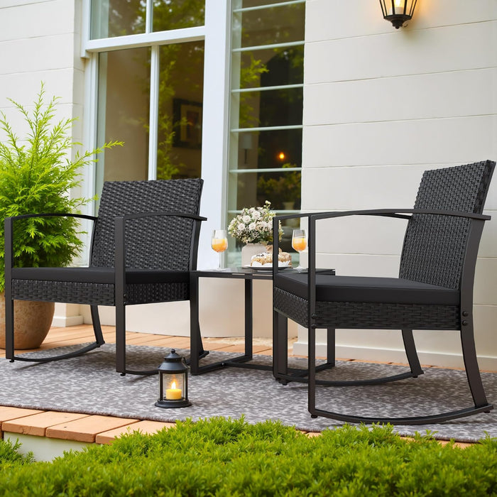 Patio Furniture Set 3 Piece Resin Outdoor Bistro Set Rocking Patio Chairs with Cushions and Table for Porch, Poolside, Balcony and Yard (Black)