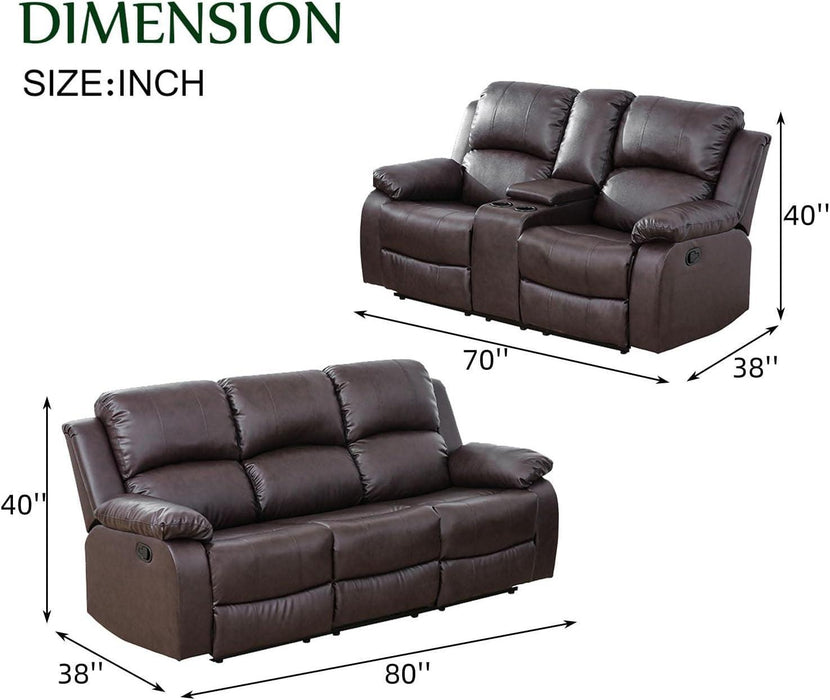 2 Pieces Leather Recliner Sofa Set，Recliner Sofa and Loveseat Sets for Living Room Furniture，Brown Reclining Couch with 4 Recliners for Living Room/Office/Theater Seating(Sofa Set 2 Pieces)