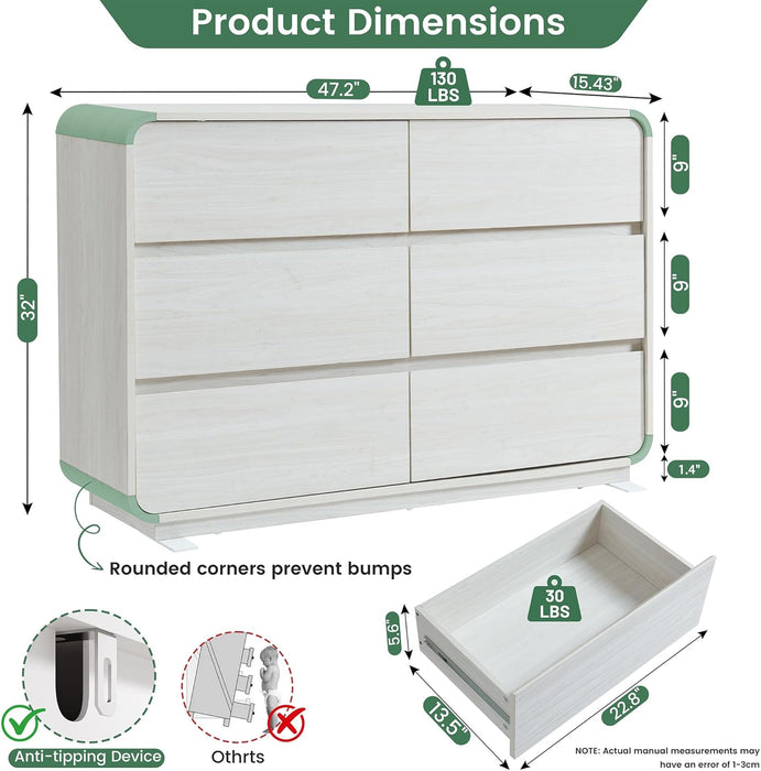 6 Drawer Dresser for Bedroom, 47" Wide Dresser with Large Storage, Rustic Wooden Chest of Drawers for Bedroom, Hallway, White