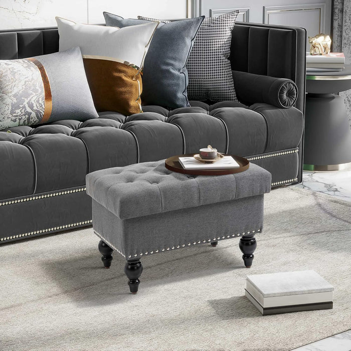 Ottoman with Storage for Living Room, 25" Storage Ottoman with Removable Lid, Button-Tufted Fabric Bench for Footrest and Seat with Wood Legs, Gray