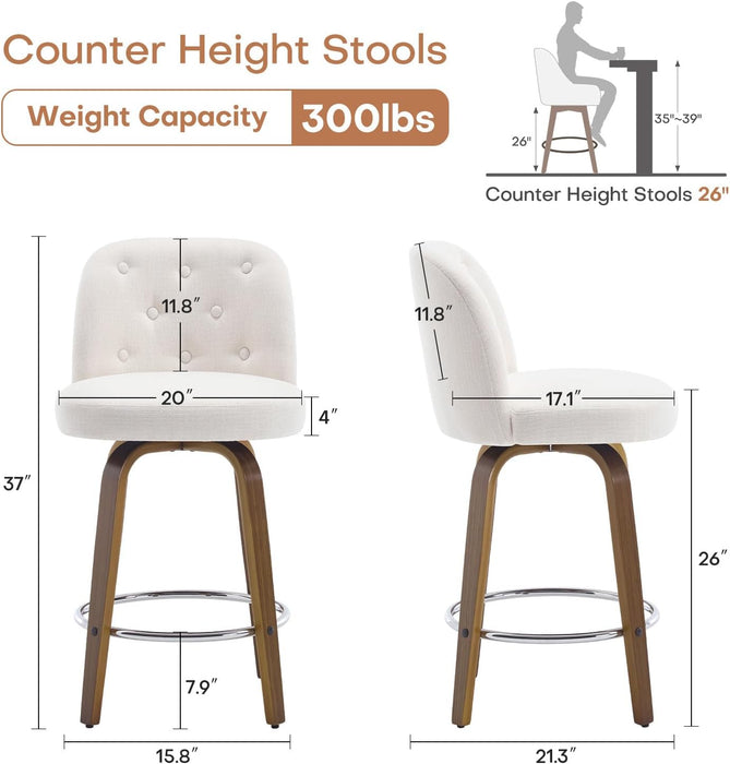 Bar Stools Set of 3, 26" Counter Height Swivel Bar Stools with Back, Walnut Bent Wood Legs, Linen Fabric Upholstered Counter Stools, Modern Counter Chairs Bar Stool for Kitchen Island, White
