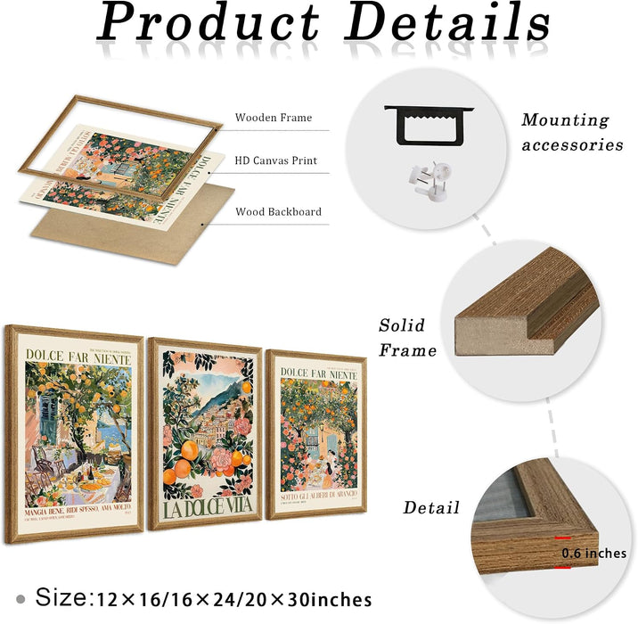 Triptych Dolce Far Niente Framed Cnavas Wall Art 20X30 Inches X3 | Wooden Frame, Uv-Resistant Ink, Giclée Printing Process, Pre-Installed Hooks Make It Easy to Hang Home or Office Wall Decor
