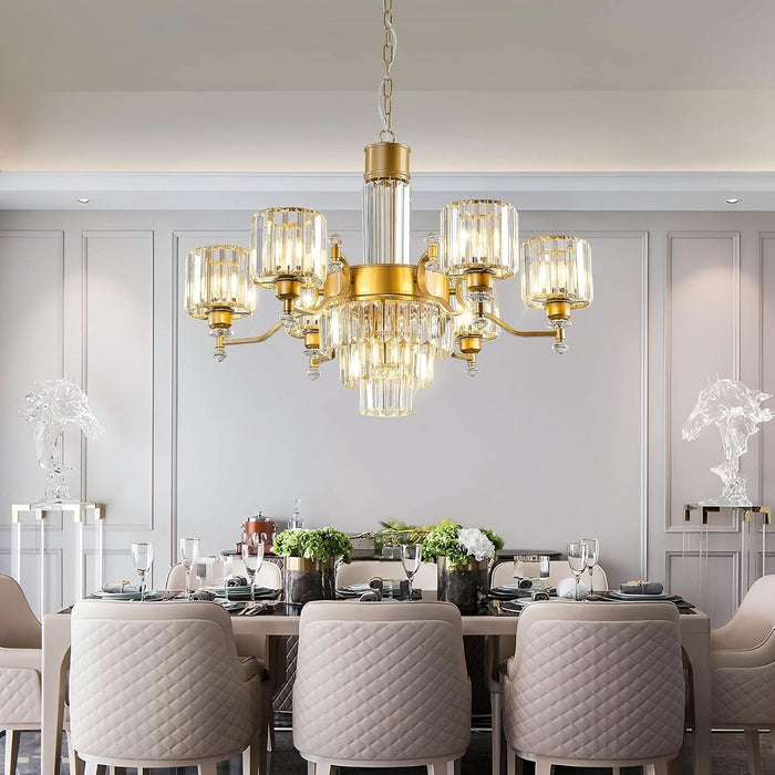 7-Light Modern Large Crystal Chandelier Gold Adjustable Hanging Pendant Light Vintage Farmhouse Ceiling Light Fixture for Living Room Dining Room Bedroom Foyer Entryway Staircase