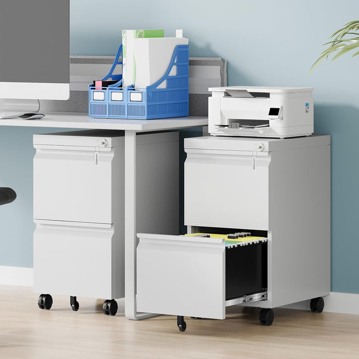 2 Drawer Mobile File Cabinet, Fully Assembled File Cabinets with Lock, Metal Rolling Filing Caninet on Wheels, Small Two Drawer under Desk Cabnet for Letter/Legal / A4 / File Box - White