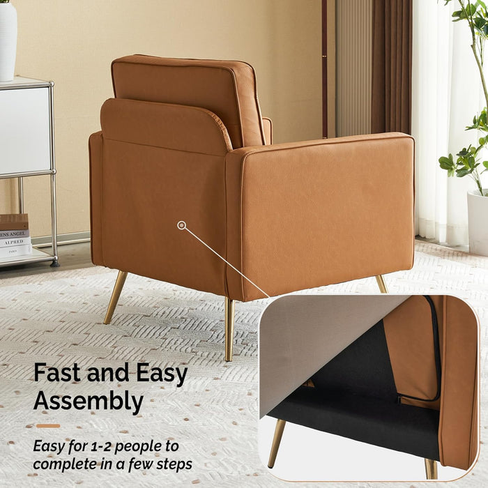 Living Room Chairs Set of 2, Brown PU Leather Accent Chair Mid Century Modern Upholstered Sofa Chairs with Arms, Gold Legs for Living Room, Bedroom, Apartment