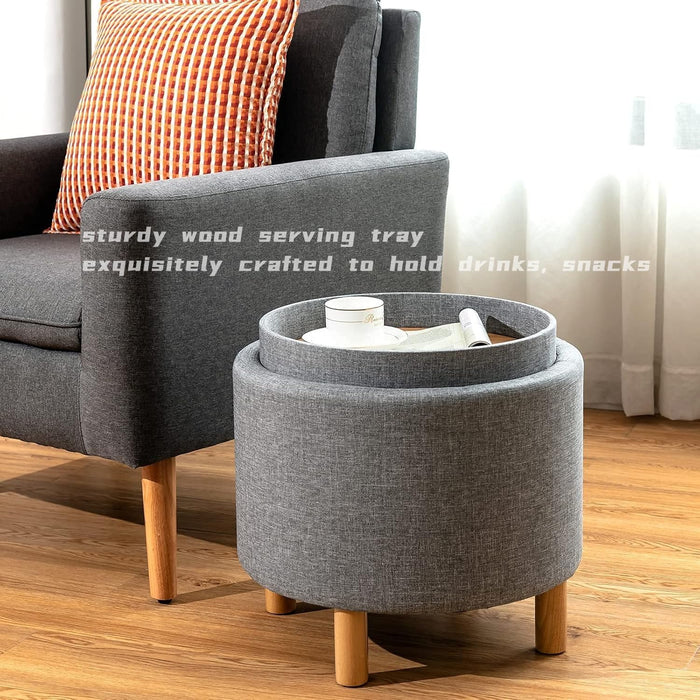 round Storage Ottoman with Tray Lid, Accent Storage Footstool W/Soft Padding, Fabric Sitting Stool W/Solid Wood Legs & Non-Slip Pads, Tray Top Coffee Table for Living Room, Bedroom (Grey)