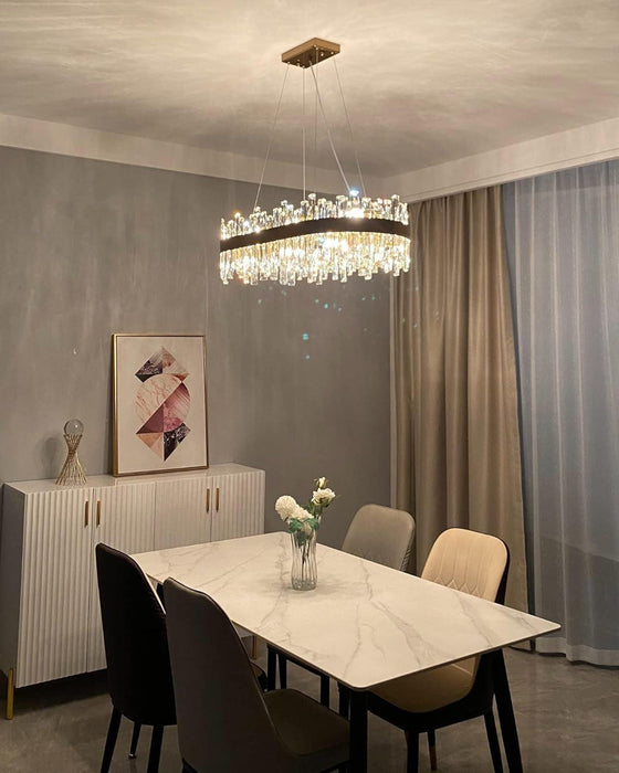 Modern Crystal Chandelier 16 Lights Rectangular Gold 2-Tiers Raindrop Crystal Chandelier Oval Adjustable Hanging Pendant Ceiling Light Fixture for Dining Living Room Kitchen Island 35.4 Inch