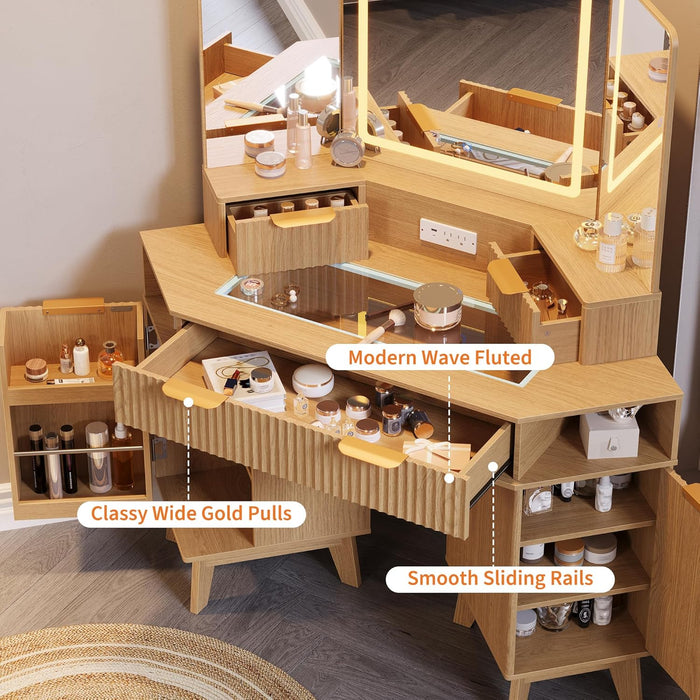 48 in Fluted Makeup Vanity Desk, Large Lighted Corner Vanity with HD Triple Mirror and Lights, Dressing Table with Glass Top & Charging Station for Bedroom