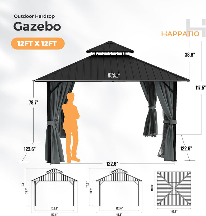 12'X12' Outdoor Hardtop Gazebo, Aluminum Gazebo with Double Galvanized Steel Roof, Curtains and Netting for Patio, Backyard, Deck, Lawn, Easy Assembly (Grey)
