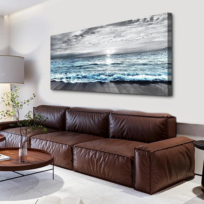 Black and White Beach Wall Painting - Canvas Wall Art for Living Room & Bedroom - Large Decor - Blue Ocean Sea Wave Landscape Pictures Artwork Posters Home Decor