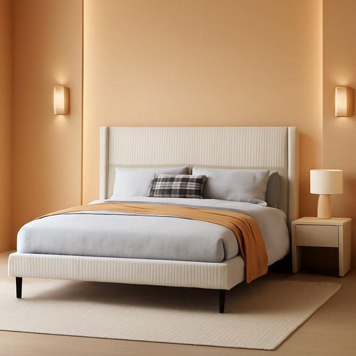 King Size Upholstered Bed Frame with Headboard, Cream Beige Tufted Platform Bed with Strong Metal Slats, Sturdy King Bed Frame No Box Spring Needed, Easy Assembly