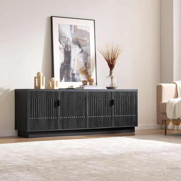 Farmhouse TV Stand for Television up to 75 Inches, 4 Fluted Doors Rustic Entertainment Center with Storage & Adjustable Shelves, Mid Century Modern Wood TV Consoles for Living Room Bedroom, Black