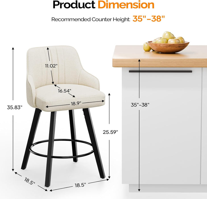 26" H Swivel Barstools Counter Height Bar Stool Set of 2, Beige | Linen Fabric Upholstered, Modern Counter Stool with Back, Kitchen High Chairs, Solid Wood Legs, Easy to Install