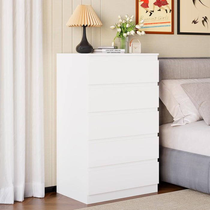 White Wood Dresser for Bedroom, 5 Drawer for Clothes Storage, Modern Dresser with Wide Drawers, Wide Wooden Chest Drawers for Living Room, Entryway, TV Stand