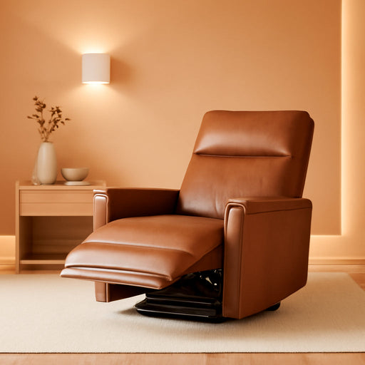 Swivel Rocking Recliner Glider Chair, Leather Nursery Reclining Rocker Chair with Footrest, Ergonomic Backrest, Wide Seat Cushion and Metal Base-Cocoa