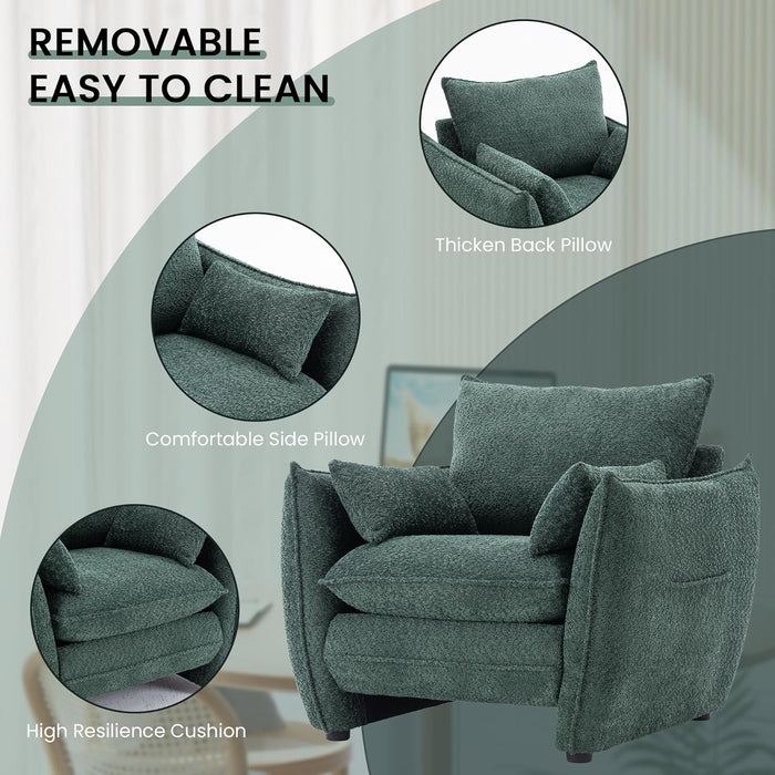Chenille Oversized Accent Chairs, Modern Oversized Armchair with Removable Pillow, Comfy Living Room Chair with Side Pocket Storage for Bedroom, Office, Green