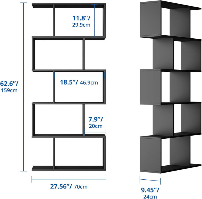 Set of 2 Geometric Bookcase, S-Shaped Modern Bookshelf, Room Divider Bookshelf, 62" Tall Unique Abstract Bookcase with 5-Tier Display Shelf for Living Room Office, Black