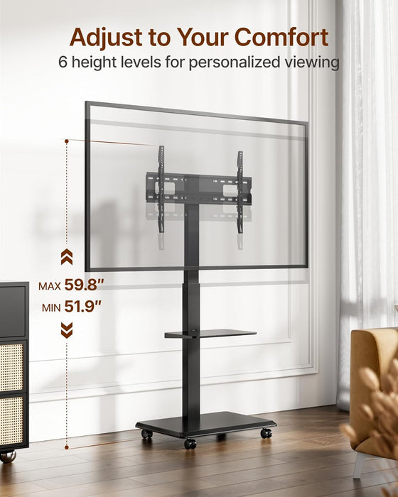 Steel Base Rolling TV Stand for 32-75 Inch Tvs up to 110 Lbs, Leveling & Tilt & Swivel Mobile TV Stand with Hidden Wire Management, Height Adjustable Portable Tv Stand with Steel Shelf, Black