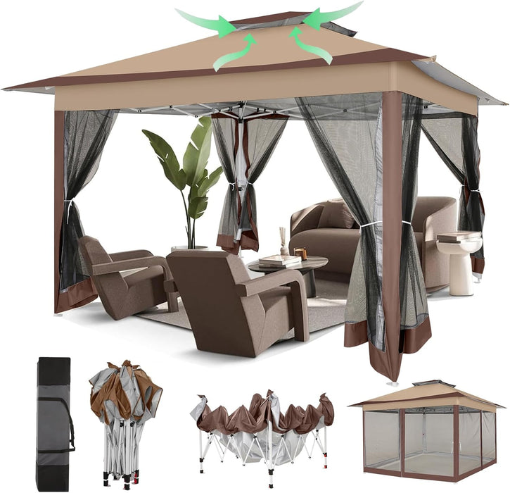 12X12 Pop up Gazebos on Clearance - Upgrade Easy up Metal Outdoor Gazebo Waterproof - Portable Gazebo with Mosquito Nettings, 4 Ropes 8 Stakes and Carry Bag for Patio Garden(Coffee)