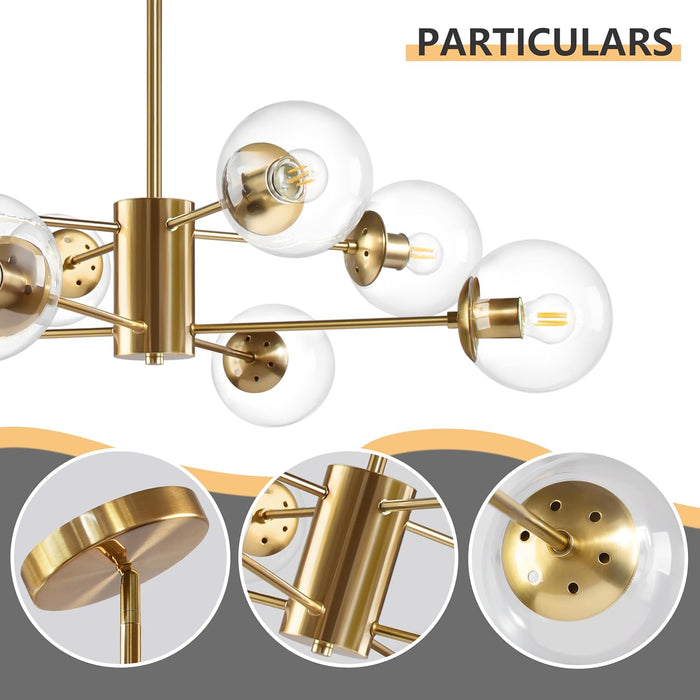 8-Light Globe Sputnik Chandelier Modern Gold Sputnik Chandelier Mid Century Globe Pendant Light Brushed Brass Finished with Clear Glass Lampshade Chandeliers for Kitchen Bedroom