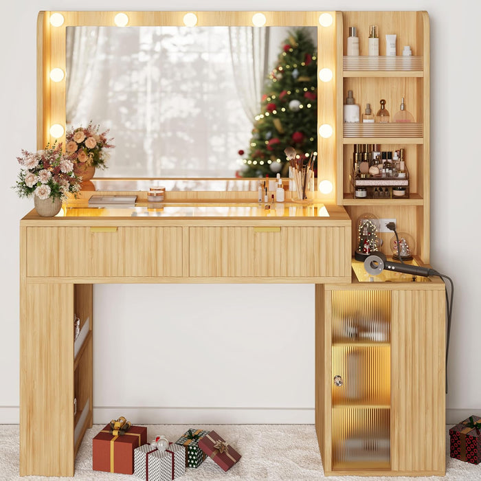47'' Fluted Makeup Vanity Desk with Large 36" Mirror & Hollywood Bulbs, Smart RGB Lights, Glass Top Vanity with 5 Shelves, 2 RGB Drawers, Acrylic Cabinets, Wood Vanity with Charging Station,Oak