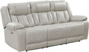 Wll Hugger Power Double Reclining Sof with Center Drop-Down Tble, Fux Lether Home Theter Seting with LED Lighting/Usb Chrging Ports/Wireless Chrger/Cup Holders, Mgzine Pocket, Gry