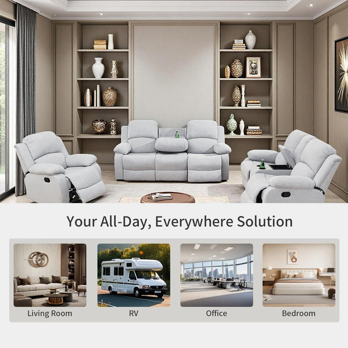 Manual Reclining Couch Sofa Set with Drop-Down Table, 3 Pieces Grey White Linen Recliner Couch Sets, Living Room Furniture Sets, Recliner Sofa with Storage Console/Cup Holder for Home