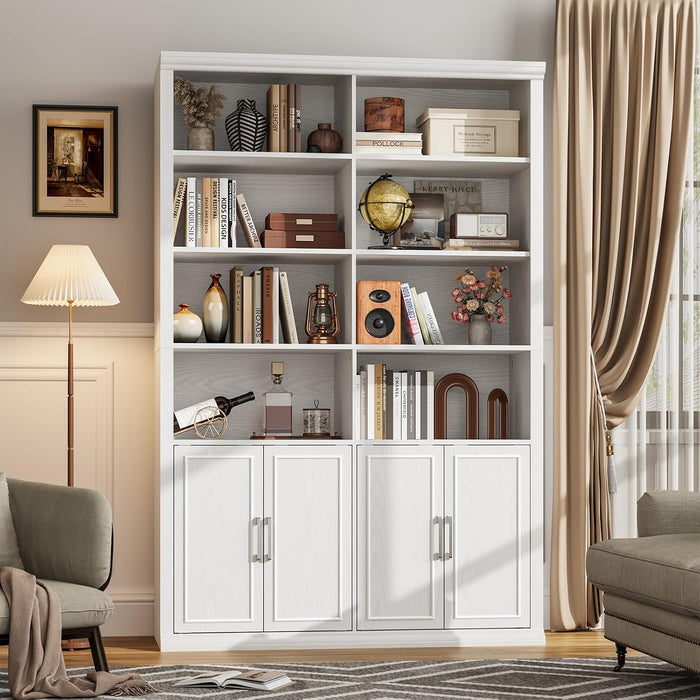 42" W Double Bookcase and Bookshelf with Doors, White | 72" Tall, Large Bookcase, Open Shelves & 6-Tier Storage Cabinets, for Home Office, Living Room, Library