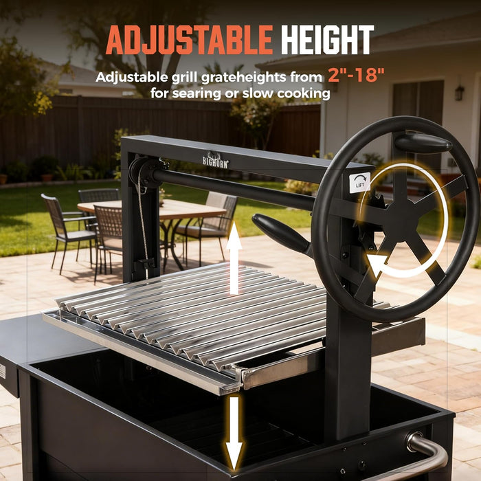 Santa Maria Grill, Argentine Parrilla Grill with Adjustable Height Grate, Wood Fire & Charcoal BBQ Grill, Large Outdoor Open Fire Grill with Storage for Patio & Backyard