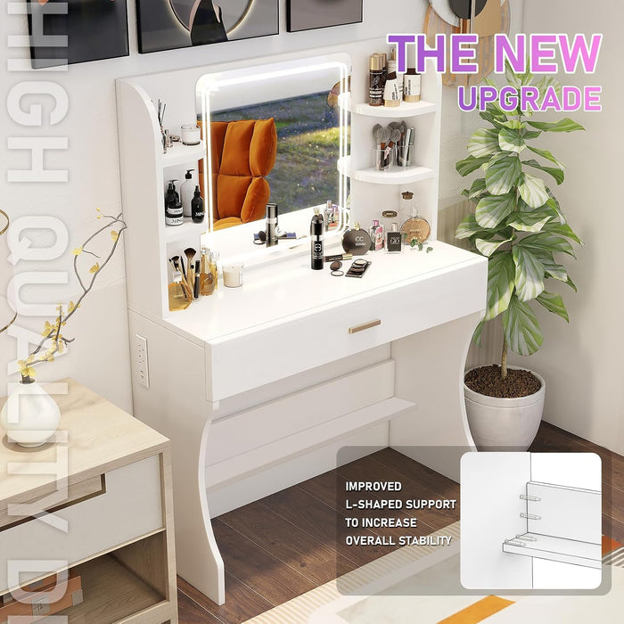 White Makeup Vanity Desk Featuring Illuminated Mirror