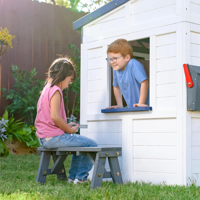 Wooden Playhouse Wendy House with Rainbow Shade, Interactive Kitchen, Working Doorbell, Mailbox & Outdoor Bench, White