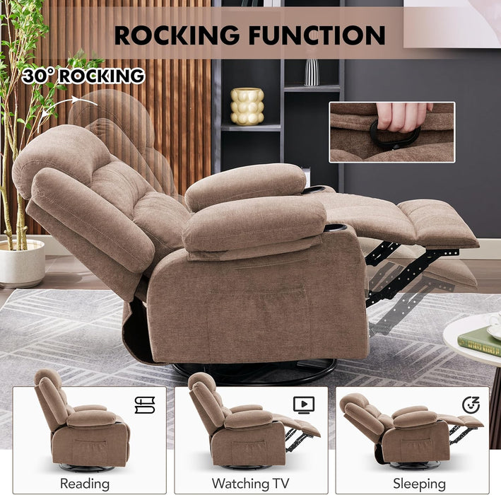 Rocker Recliner Chair with Heat and Massage, 360° Swivel Recliner Chairs for Adults, Oversized Recliner Single Sofa Seat with Cup Holders, Brown