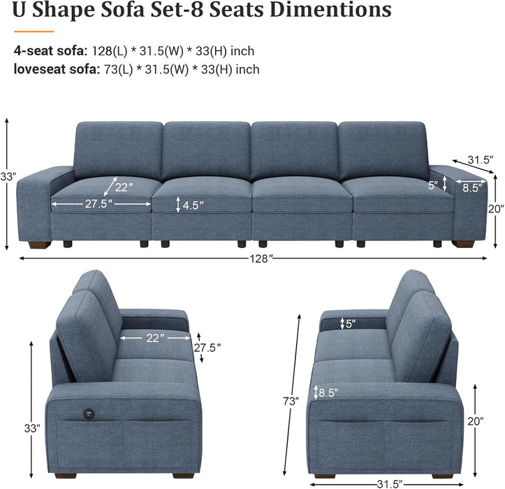 Blue U Shape Sectional Sofa for Living Room/Office 8 Seater Sofa Sets with Large Storage Space Comfy Chenille Cover (4-Seat Modular Sofa & 2×Loveseat Couch)