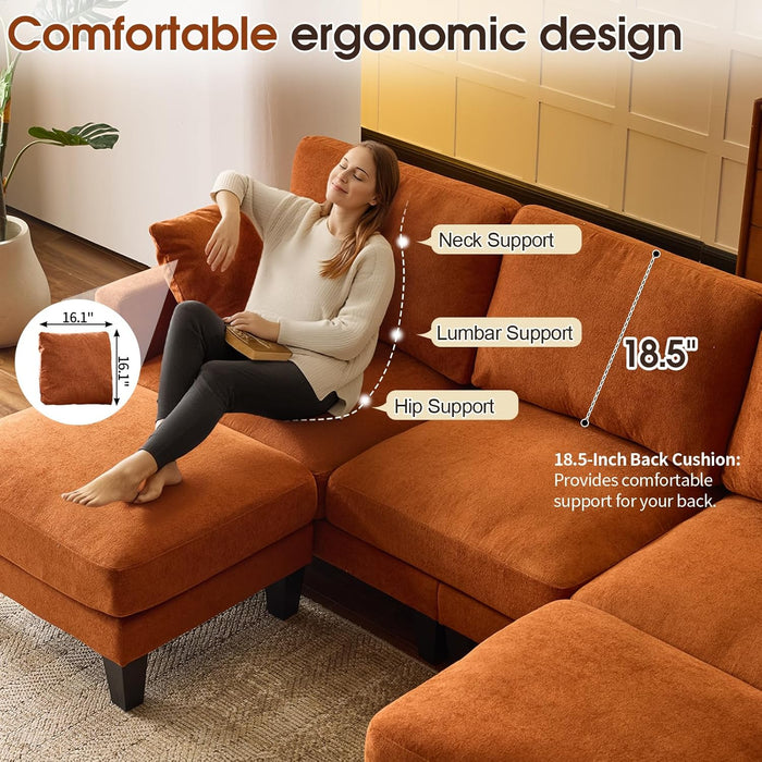 OneHundredInch UShaped Sofa Plush Chenille Ottoman Orange
