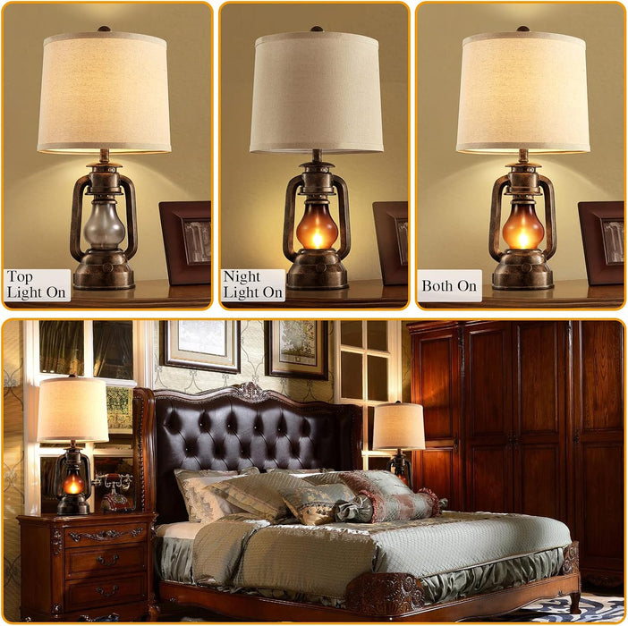 Farmhouse Lantern Table Lamps for Living Room Set of 2 with USB C+A