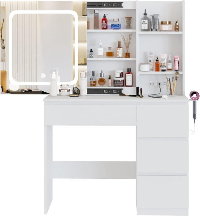 Make up Vanity Desk with Charging Station, Vanity Set with Mirror and Stool and Lights,Dressing Table with 4 Drawers & Storage Shelves,37Inch, White