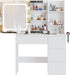Make up Vanity Desk with Charging Station, Vanity Set with Mirror and Stool and Lights,Dressing Table with 4 Drawers & Storage Shelves,37Inch, White