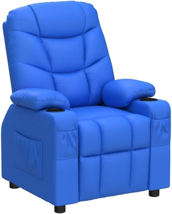 Kids Recliner Chair with Cup Holder, Adjustable Leather Lounge Chair W/Footrest & Side Pockets for Children Boys Girls Room, Ergonomic Toddler Furniture Sofa, Kids Recliner (Blue)