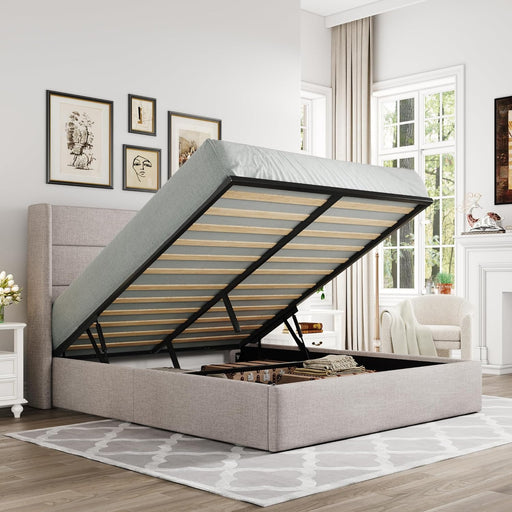 Full Size Lift up Storage Bed, Modern Wingback Headboard, Hydraulic Support, No Box Spring Needed, Light Beige