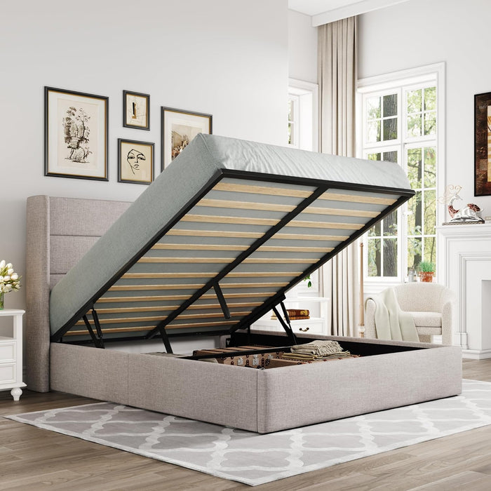 Full Size Lift up Storage Bed, Modern Wingback Headboard, Hydraulic Support, No Box Spring Needed, Light Beige