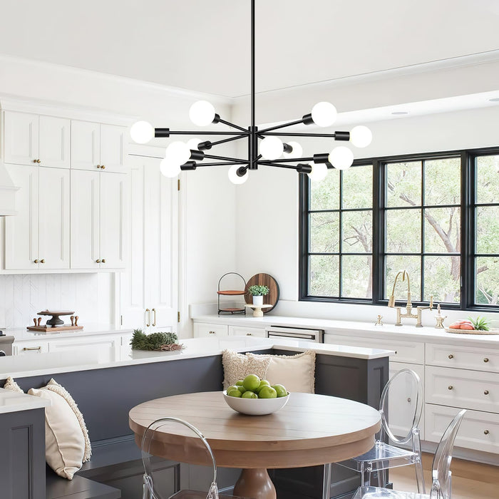 33" Modern Chandelier Ceiling Light Fixture, 12-Light Sputnik Chandeliers Matte Black Mid Century Chandelier over Table, Height Adjustable Chandeliers for Dining Room Living Room (Bulbs Not Included)