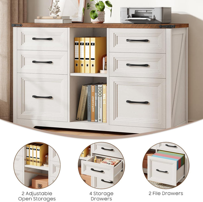Farmhouse Lateral File Cabinet with 6 Drawers, Rustic White