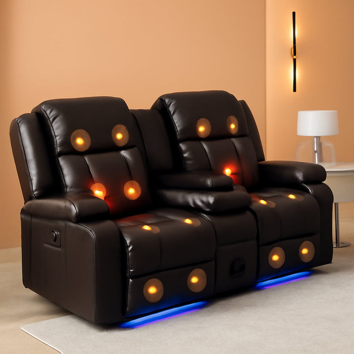 Power Loveseat Recliner Sofa, Home Theater Seating with Console, PU Leather Reclining Sofa with 4 Colors LED Lights, AC Outlets, USB-A/C Ports and Cup Holders(Brown, 2-Seater) | Electric Control, Bluetooth Speaker, Vibration Massage, Waist Heating, 4 Colors LED Strips, Charging Interface