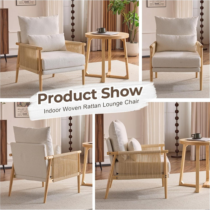 Beige Chenille Modern Armchair Featuring Lumbar Pillow